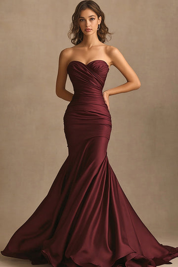 Burgundy Sweetheart Ruched Long Evening Dress